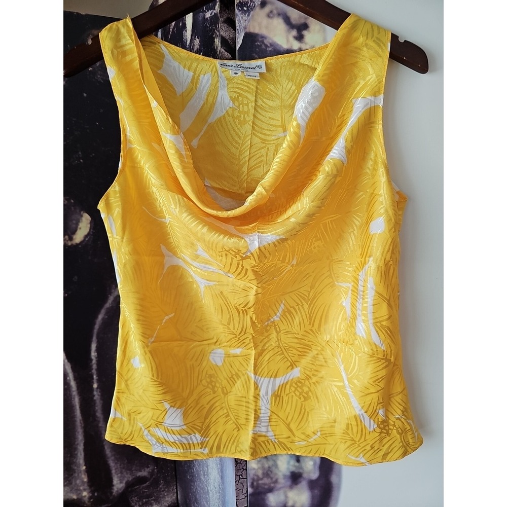 EVA LAUREL New York Women's Sleeveless Yellow White Cowl Neck Silky Top 8 Petite